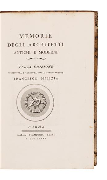 BODONI PRESS  MILIZIA, FRANCESCO.  Memorie degli Architetti Antichi e Moderni. 2 vols. 1781. Bound with brief from Pius VI  to Bodoni.